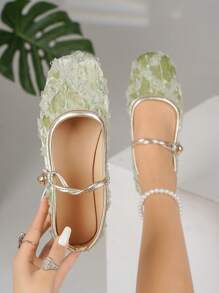 Women's Flat Shoes, 2025 Summer New Square Toe Open-Toe Velvet Lace Rose Foot Strap Hook & Loop Flat Shoes, Green Loafers, Mary Janes, Ballet Flats, Suitable For Everyday Wear With Dresses, Fashion Flats, Plus Size