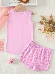 2 Peças/Conjunto Pijamas Justos Sem Mangas para Meninas, Regata com Estampa Fofa de Gato e Coração e Shorts, Conjunto de Roupas de Verão Confortáveis e Respiráveis