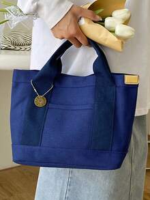 新款时尚优质帆布午餐包，女士休闲手提包 - 藏蓝色 - 查看 6