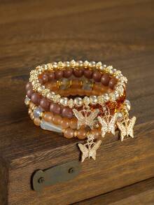 4条装女孩波西米亚创意手链 女孩饰品 蝴蝶水晶多层串珠时尚手链