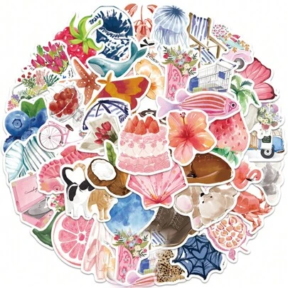 50Pcs Aesthetic Stickers Summer Stickers Watercolor Stickers Journal Stickers Cute Stickers Cute Animal Stickers Flower Stickers Vinyl Waterproof Stickers For Water Bottle,Computer,Laptop,Phone,Luggage,Notebook,Fridge