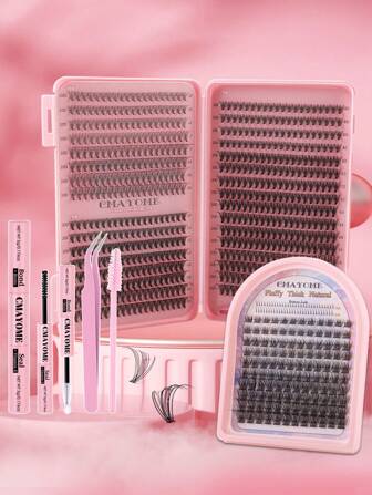 640/180 Clusters DIY Eyelash Extensicn Kit, Mixed Styles 10D 20D Natural Cat Eye & Doll Look, C&DCurl, Lengths 10-16mm, Reusable With Glue, Beginner Friendliy - Large Capacity Lash Book & Travel Set Options