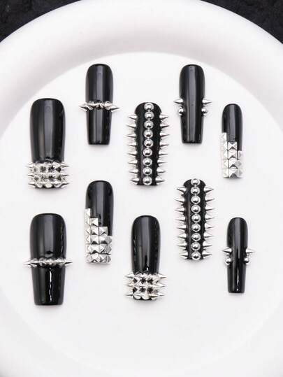 10Pcs Y2k Nails Summer Nails Black Nails Handmade Cute Long Square Shape Acrylic Press On Nails Kit With 3d Beads And Rivet Metal Decorations Creative Punk Fake Nails Set Nails Art DesIgn Asymmetrical Geometric False Nails Nail Supplies For Women And Girls For Halloween