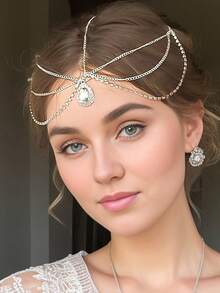 1 件波西米亚风仿水晶额头吊坠头饰，泪珠头链发饰，新娘发饰