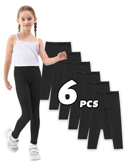 6 件儿童百搭纯黑色九分裤，柔软针织面料女童紧身裤，适合休闲穿着和健身