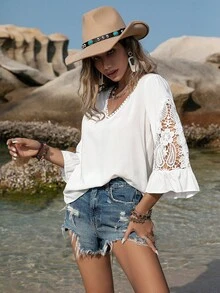 Rusttydustty Women's Green V-Neck 3/4 Sleeve Blouse, Bohemian Style, Suitable For New Year Party, Easter, Beach, Hawaii, Music Festival, Tropical Holiday - White - View 3