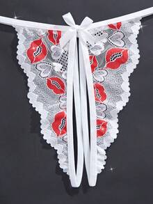 全新黑色柔软红唇蕾丝性感内衣露胸蝴蝶结胸罩裆丁字裤吊袜带女士情趣内衣套装