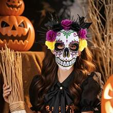 メキシコの祭りのための女性用死者の日のフェイスウェアカラフルな花のデザインスカルヘッドギアコスチューム - パープル - チェックする 3