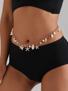 1pc Bohemian Style Shell Chain, Summer Beach Vacation Pearl Starfish Shell Tassel Waist Chain - Gold - View 2