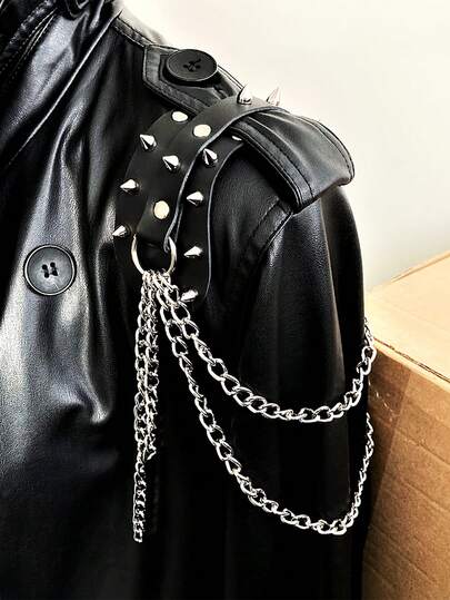 1 st. punk Y2K-stil axelskydd med spikade nitar, unisex Pauldron-epåletter för fest, casual, college, vardagskläder - icke-textilbälte med kedjedetalj för att gå ut, outfit, bröllopsfest och som present Halloween-tillbehör, Halloween-kostymer höst-vintertillbehör Halloween-kostym, lämplig för tonåringar, ungdomar, män, casual, utomhus, atletisk, semester, examenspresenter, födelsedag, vardagskläder