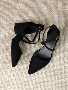 Wide Width Women's Faux Deerskin Chunky Heels Minimalist Criss-Cross Strap Comfortable Elegant High Heels - View 7