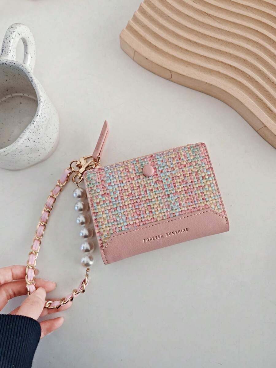 二合一紧凑型女士钱包和卡夹时尚仿珍珠编织设计拉链短钱包女士钱包迷你钱包钱包小钱包可爱钱包 - 粉色 - 查看 1