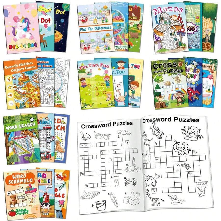 1/6/12/24入兒童迷你活動書，4-8歲及8-12歲派對小禮物，包含迷宮、連線圖、單字搜尋、字母拼圖及其他趣味挑戰，適合禮物袋填充、教室活動、開學季及學校用品