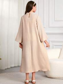 Tween Girl Abaya, Fashion Embroidered Solid Color Long Dress - Apricot - View 2