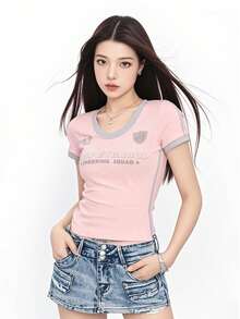 American Chic Letter Print Fitted Short Sleeve Top - Pink - View 1