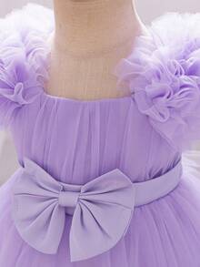 1件女婴荷叶边薄纱蝴蝶结可爱一周岁生日派对连衣裙，适合花童婚礼庆典，附赠发带 - 淡紫色 - 查看 7