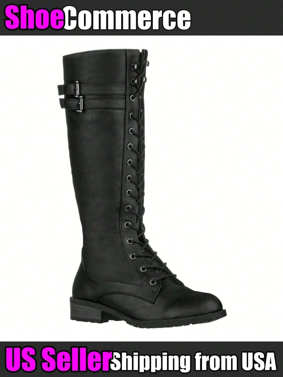 Women's Knee High Riding Boot Lace Up Boot Fashionable Buckle Wide Calf Knee High Combat Boot - màu đen - Xem 1