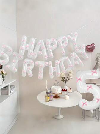 13/78pcs White "Happy Birthday" Balloons Banner With Pink Bowknot/Without Bowknot, Suitable For Birthday Party Decoration, Room Decor, Photo Shoot