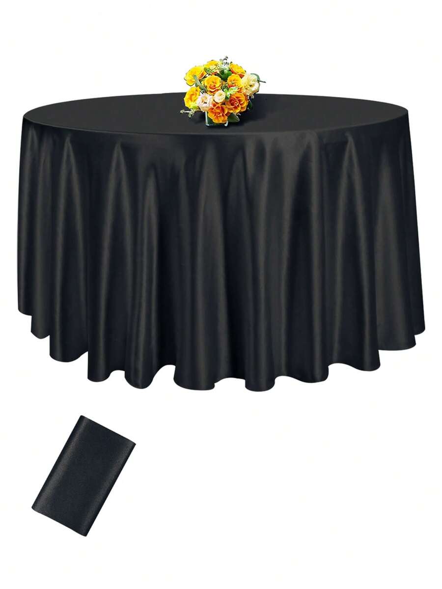 1pc Black Satin Round Tablecloth, Elegant Wedding Tablecloth With Ruffle Edges, Diameter 145/180/200/228cm, Polyester Material, Suitable For Wedding Decoration, Engagement Ceremony, Bridal Shower, Birthday Party, Baby Shower, Gender Reveal Party, Indoor/Outdoor Events, Picnic, Holiday Party, Home Decor, Kitchen, Tabletop Decoration