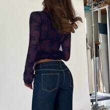 Women's Lace Crop Tops Casual Long Sleeve Deep V Neck Cross Wrap T-Shirts See Through Layering Shirts Outfits - 藍色 - 查看 2