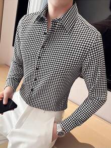 男士欧美风户外千鸟格长袖衬衫，时尚 - 黑色 - 查看 2