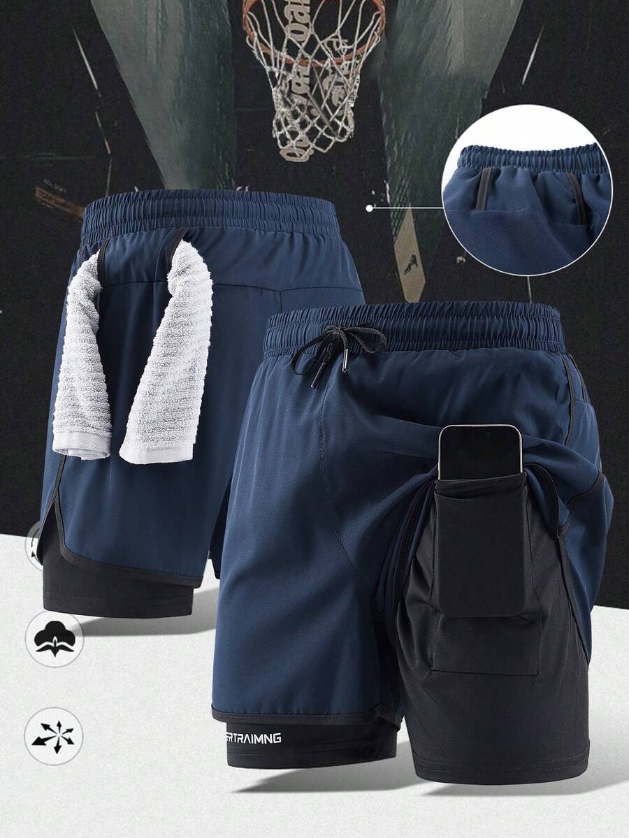 1 buah Celana Pendek Olahraga Pria 2-in-1, Celana Pendek Lari/Latihan Kebugaran Musim Semi/Panas dengan Lapisan Dalam, Celana Atletik Kasual Elastis - Navy Blue - View 1