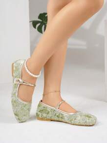 Women's Flat Shoes, 2025 Summer New Square Toe Open-Toe Velvet Lace Rose Foot Strap Hook & Loop Flat Shoes, Green Loafers, Mary Janes, Ballet Flats, Suitable For Everyday Wear With Dresses, Fashion Flats, Plus Size
