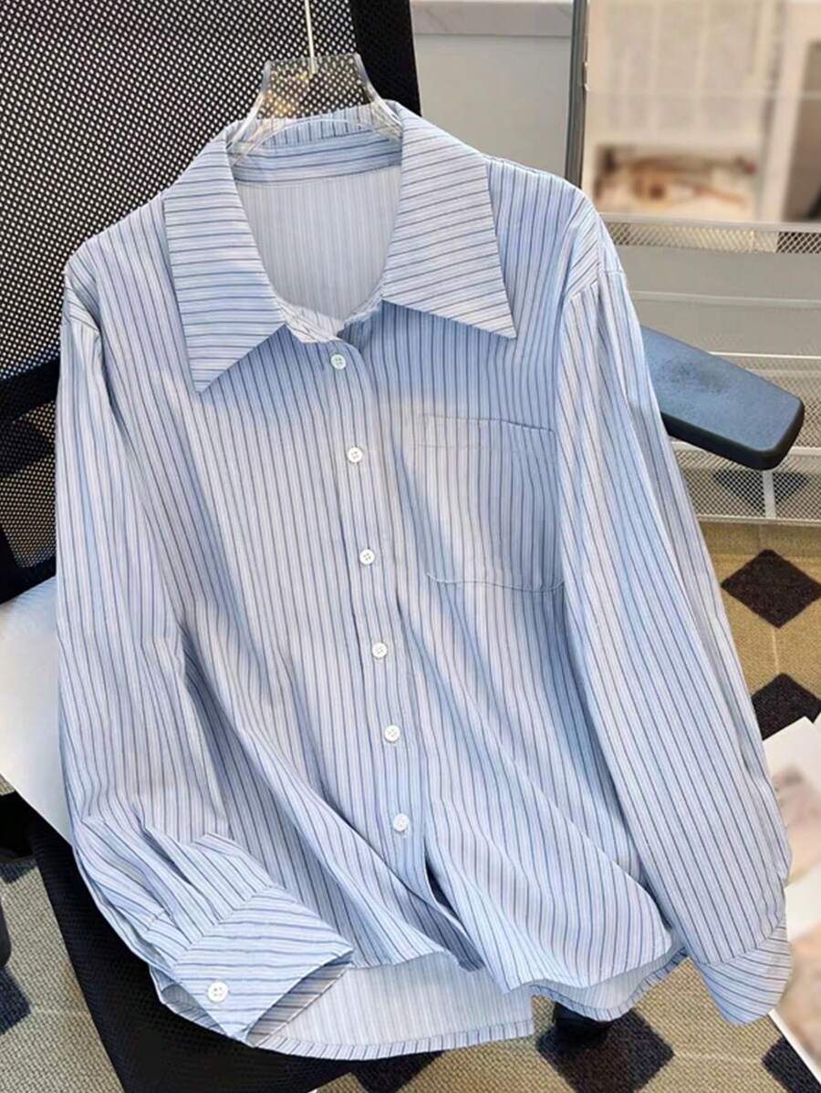 Women Blouse Shirt Top Collegiate Style Slim Fit Loose Regular Striped Casual Wear - Multicolor - View 1