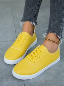 Women's White Platform Canvas Sneakers, Thick Sole Casual Sports Shoes, Net Celebrity Style, Non-Slip Elevated Leather Casual Shoes For Students - Yellow - View 2