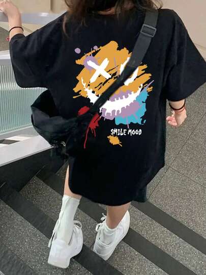 日本风格女式棉质宽松碎花灰色休闲百搭卡通涂鸦笑脸印花短袖T恤，春夏