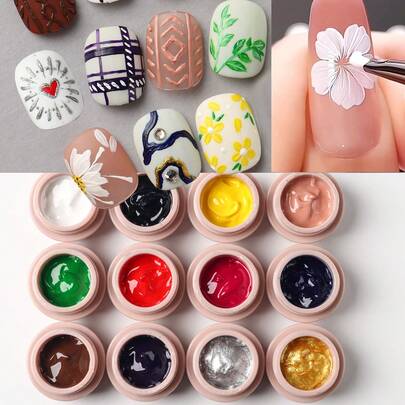 12 Màu Sơn móng tay 3D Gel Điêu khắc Gel Tạo Thiết kế Nổi bật Tự làm Móng tay Thèm khát Vẽ Sơn gel 3D Tạo hình móng tay Điêu khắc gel Gel Sơn gel trắng và đen Làm móng tay tự làm