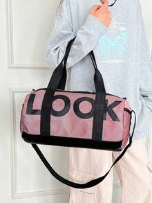 字母装饰尼龙材质大容量短途旅行包，健身包，瑜伽包，学生返校行李包，男女通用运动包，适合运动、健身、锻炼、旅行、度假，男女皆宜，旅行必备 - 粉色 - 查看 13