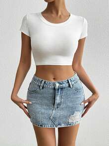 Fusta de denim casual, de epocă, spălată, împodobită cu strasuri, cu talie joasă, pentru femei - Spălare ușoară - Vizualizare 4