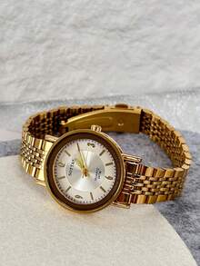 新款金色女士腕表，韩式风格，简约优雅，时尚休闲，百搭防水石英钢表带腕表 - 白色 - 查看 3