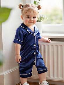 Infant Baby Girl Boy Silk Jumpsuit Pajamas Short Sleeve Button-Up Satin Pjs Footie Romper Pajama Nightgown - 藍色 - 查看 3