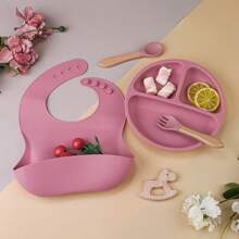 5 pièces/Set Vaisselle en silicone pour bébé, Set d'alimentation: 1 pièce bavoir en silicone, 1 pièce bol escargot en silicone, 1 pièce assiette en silicone, 1 pièce grande cuillère en bois, 1 pièce grande fourchette en bois