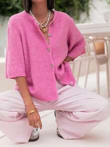 Women's Knit Cardigan Half Sleeve Round Neck Solid Color Button Up Knitwear - 玫紅色 - 查看 2