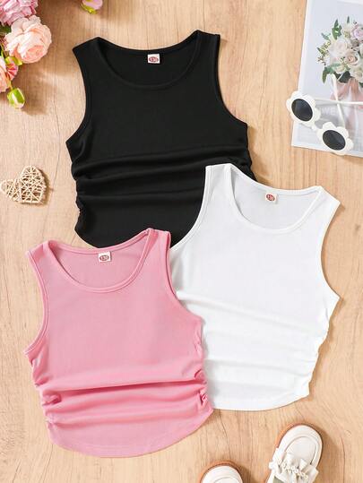 3pcs Pack Tween Girl' Sleeveless Crew Neck Waist Gathered Camisole, Solid Color Toddler Boys/Girls Summer Undershirt