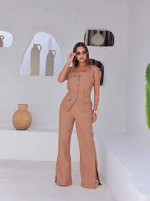 Conjunto feminino colete e calça pantalona viscose sensorial estruturada clássico elegante casual