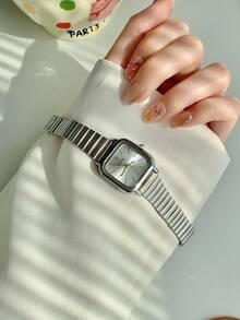 1 pieza Reloj de mujer de acero inoxidable plateado cuadrado clásico y elegante con movimiento de cuarzo. Esfera multicolor apto para uso diario. Como regalo para estudiantes - Unitalla - Ver 12