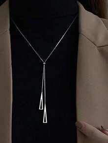 1pc Fashionable & Versatile Geometric Triangle Pendant Necklace, Minimalist Y-Type Sweater Chain - Silver - View 1