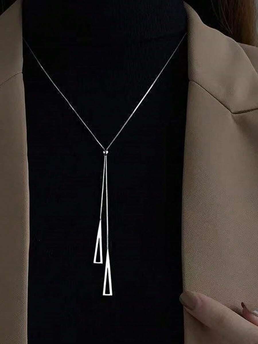 1pc Fashionable & Versatile Geometric Triangle Pendant Necklace, Minimalist Y-Type Sweater Chain - Silver - View 1