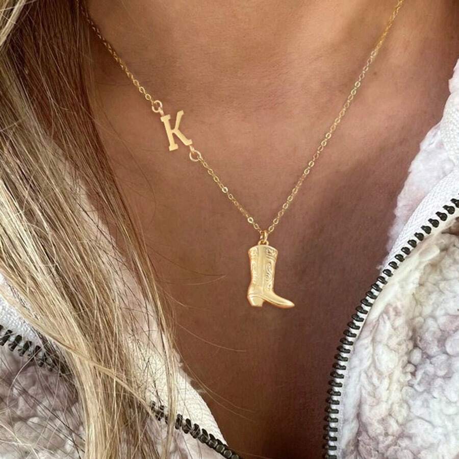 1pc New Fashion Initial Western Cowboy Boots Pendant Golden Stainless Steel Chain Necklaces For Women - Yellow Gold - View 1