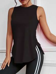 1pc Women Loose Fit Solid Color Sleeveless Workout Tank Top, Comfortable Side Split Design, Suitable For Outdoor Fitness, Spring/Summer - Black - View 4
