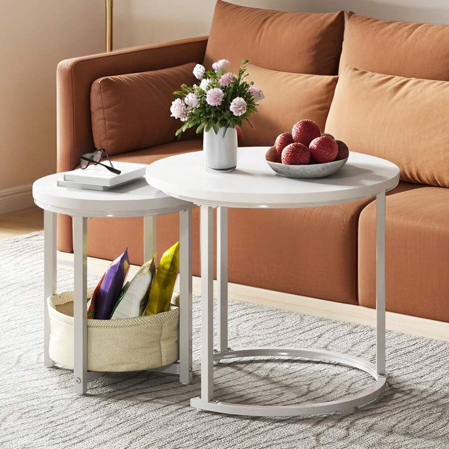 Coffee Table For Living Room, Nest Of Tables Set Of 2 With Storage, Small Round Table 60X60X50.5CM, Wooden Side Table With Sturdy Metal Frame, Easy Assembly