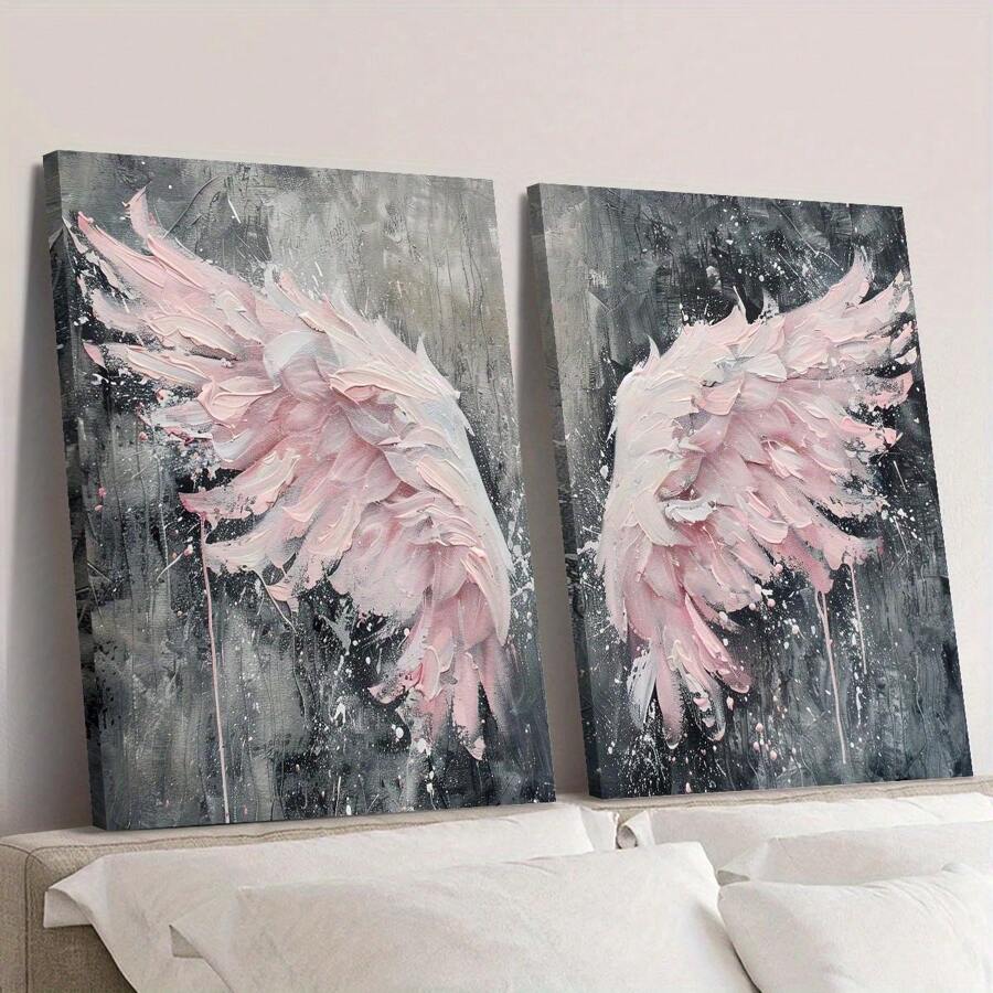 2 piezas Alas de ángel rosa, pósteres modernos, artes de pared abstractos, pintura con alas de plumas texturizadas, decoración para habitación de niñas, adecuado para decoración de pared de hogar sin marco 50x70cm/19.68x27.55 pulgadas