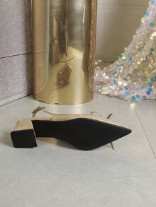 Women's Elegant Summer Nude Color High Heels Sandals With Bowknot, Pointed Toe, Patent Leather, Closed Toe Mules, Simple Chunky Heel Ankle Strap Pumps