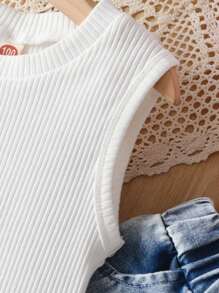 Young Girl Solid Ribbed Sleeveless Denim Effect Pants Set