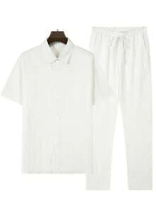 Men's 2 Piece Outfit Button Down Short Sleeve Loose Pants Set Summer Beach Vacation Outfits - White - View 2
