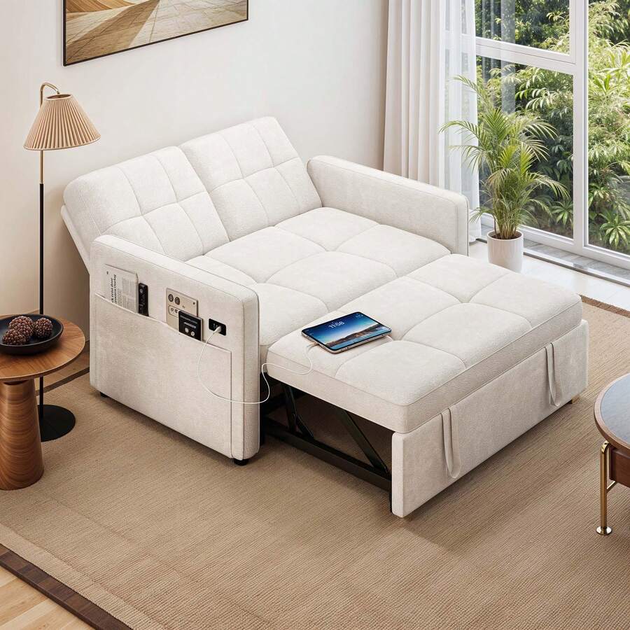 3 In 1 Convertible Pull Out Couch 54" Sleeper Sofa Bed Loveseat Velvet Futon Couch Adjustable Backrest For Living Room Bedroom Apartment And Small Space - 米色 - 查看 1